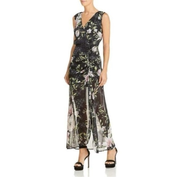 Guess Black Floral Maxi Dress Nadira Metallic Sheer Sleeveless Size XL - Picture 14 of 16